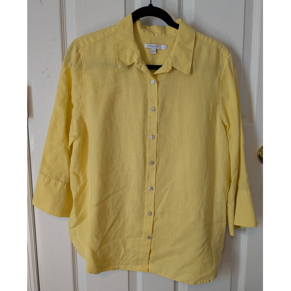 Chico's Yellow Linen 3/4 Sleeve Button Up Tunic 2 Shirt Large Top 12 Beachy